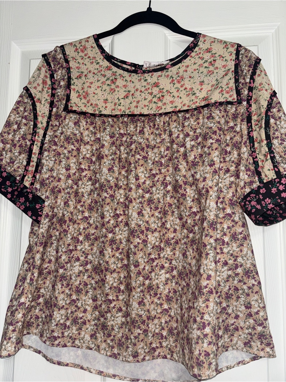 THML Mixed Floral Panel Short Sleeve Blouse - Cream & Purple